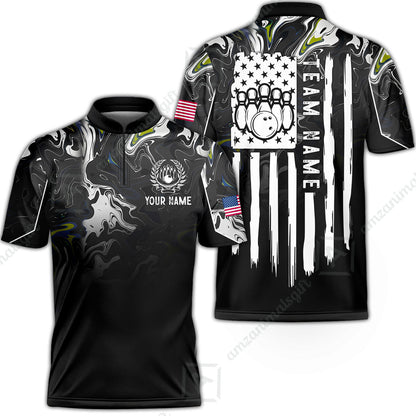 Custom Bowling Jersey Polo Shirt, Monochrome Fluid Marble Patriotic Flag, Custom Bowling Jersey Team Shirt For Players With Name and Team Name