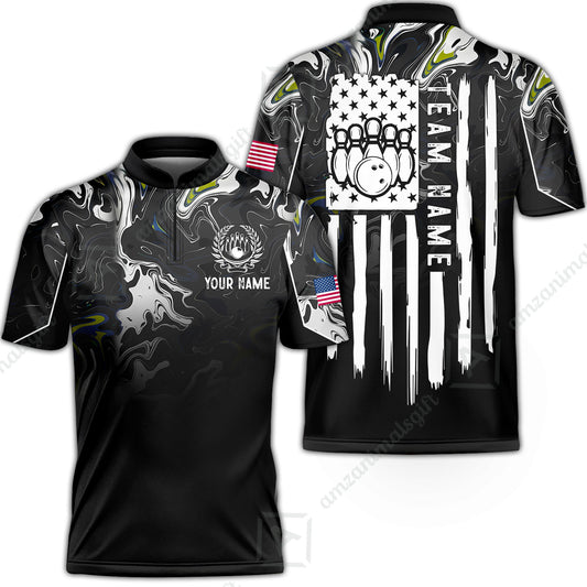 Custom Bowling Jersey Polo Shirt, Monochrome Fluid Marble Patriotic Flag, Custom Bowling Jersey Team Shirt For Players With Name and Team Name