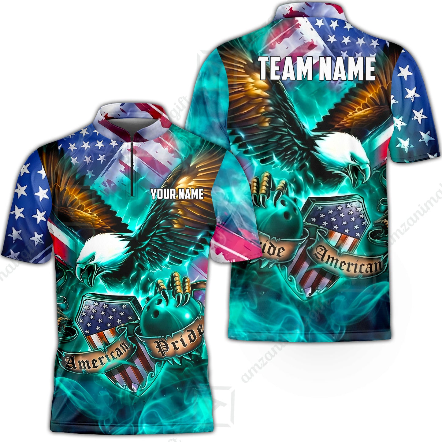 Custom Bowling Jersey Polo Shirt, American Pride Eagle, Personalized Name & Team Name