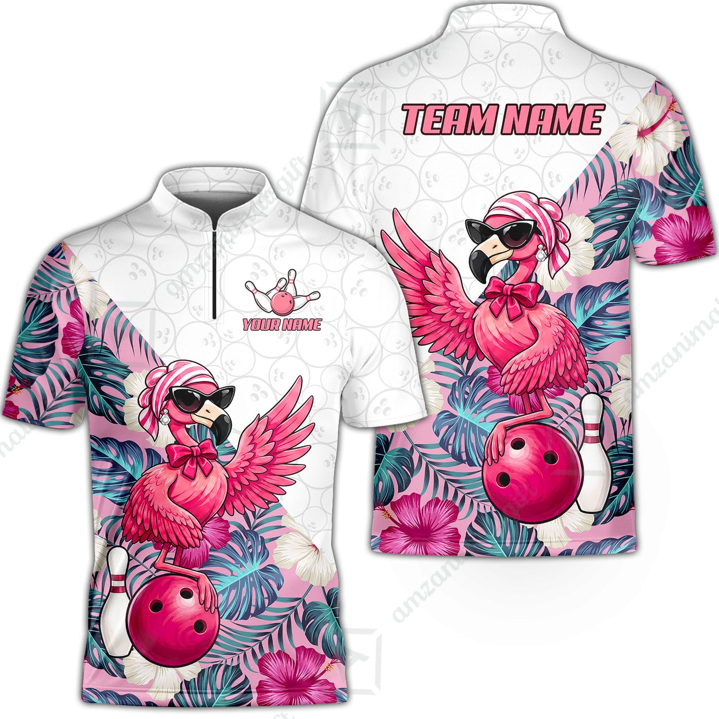Custom Bowling Jersey Polo Shirt, Flamingo Bowling Floral Seamless Pattern With Leaves Tropical Background Pro Vector