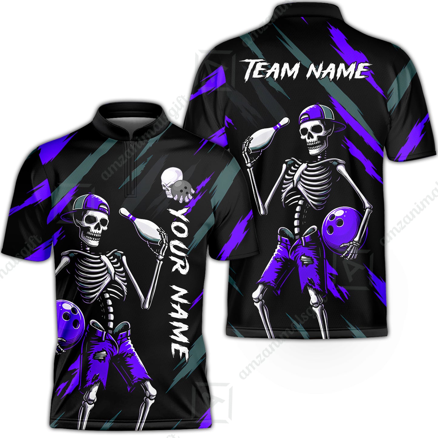 Customized Bowling Shirt, Bad Boy Skeleton Bowler, Personalized Polo Shirt For Players With Name & Team Name