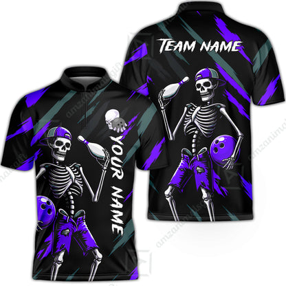 Customized Bowling Shirt, Bad Boy Skeleton Bowler, Personalized Polo Shirt For Players With Name & Team Name