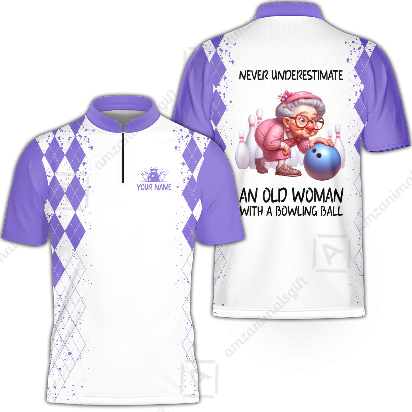 Custom Bowling Jersey Polo Shirt, Never Underestimate An Old Woman With A Bowling Ball, Personalized Name & Team Name