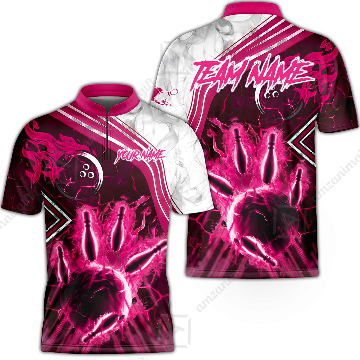 Customized Bowling Unisex Polo Shirt, Fire & Smoke Bowling Pins, Bowling Uniform - Personalized Name And Team Name