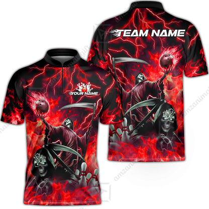 Custom Bowling Team Quarter-Zip Polo Shirt, Grim Reaper Skull With Flame Bowling Lightning Design for Bowlers, Personalized Shirt with Name and Team Name