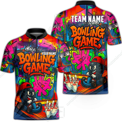 Custom Bowling Jersey Polo Shirt, Street Graffiti Go Kart Ball, Custom Bowling Jersey Team Shirt For Players With Name and Team Name