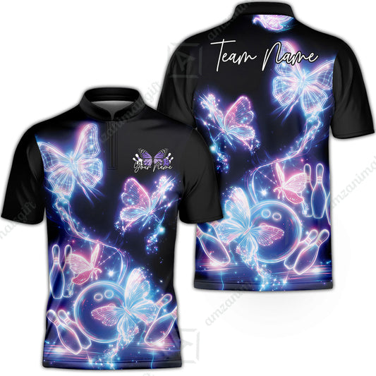 Custom Bowling Jersey Polo Shirt, Neon Electric Radiant Butterfly Glow, Custom Bowling Jersey Team Shirt For Players With Name & Team Name