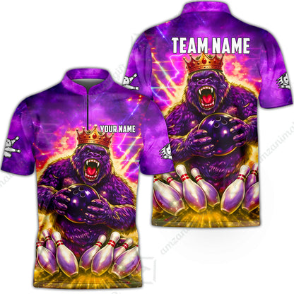 Custom Bowling Jersey Polo Shirt, King Gorilla Holding Bowling Ball, Custom Bowling Jersey Team Shirt For Players With Name & Team Name