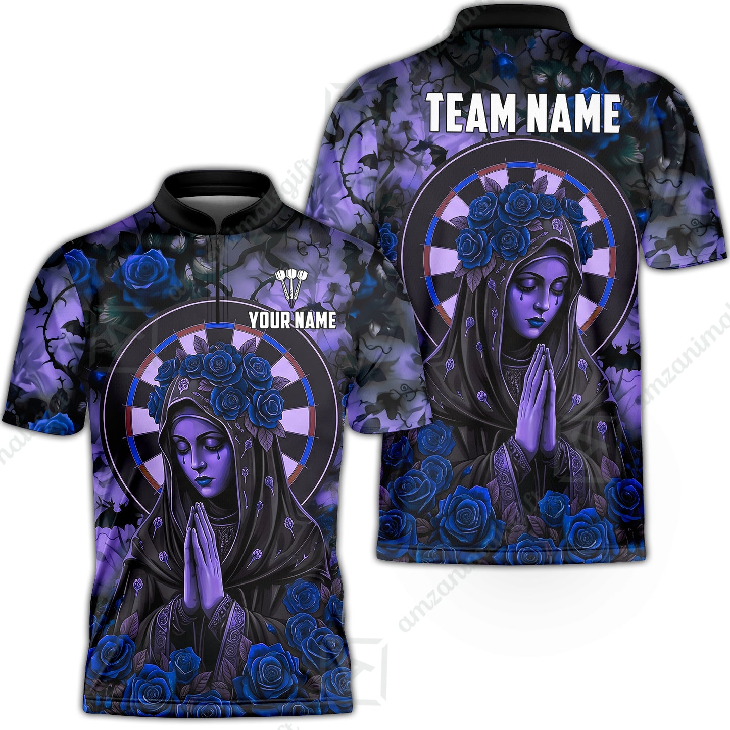 Custom Darts Jersey Polo Shirt, Gothic Madonna And Blue Rose, Custom Dart Jersey Team Shirt For Players With Name & Team Name