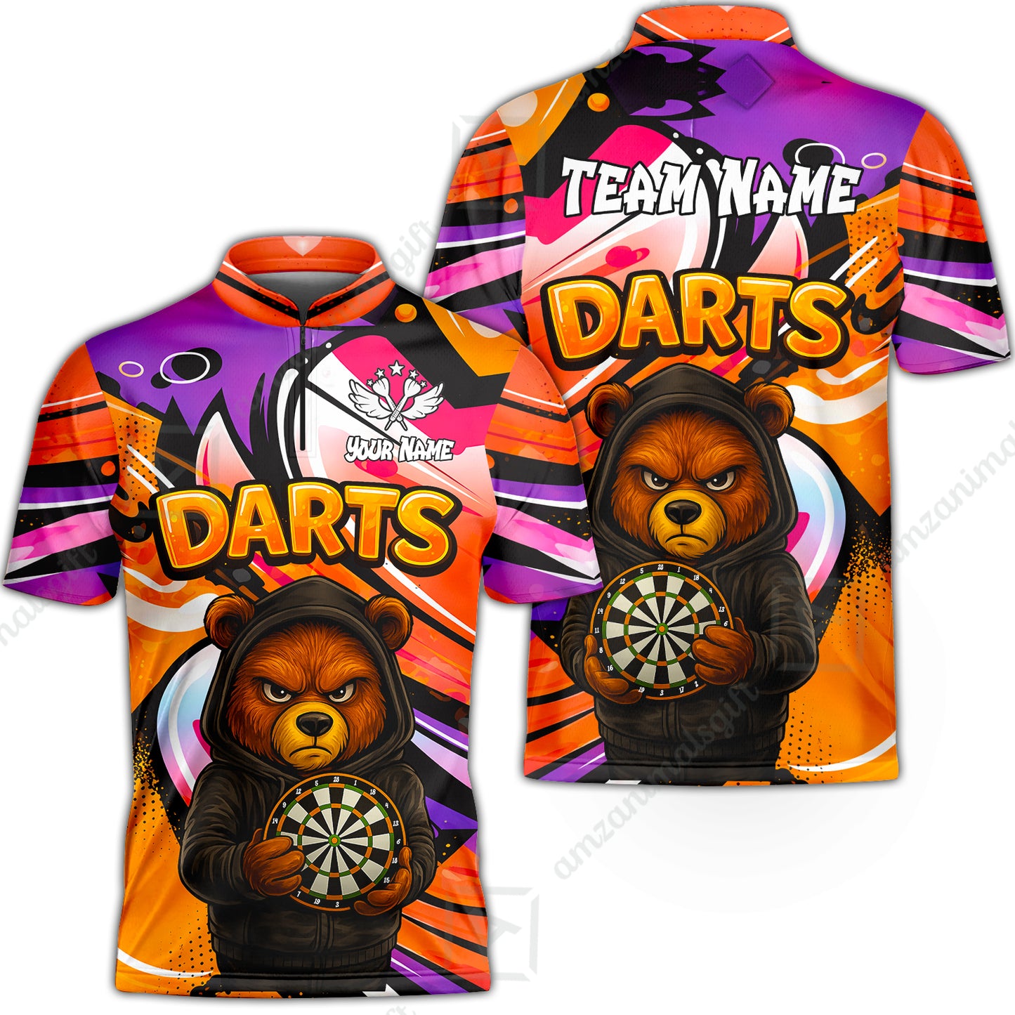 Customized Darts Team Uniform Shirt, Custom Darts Team Collar Quarter-Zip, Personalized Bear Darts Shirt with Name & Team Name