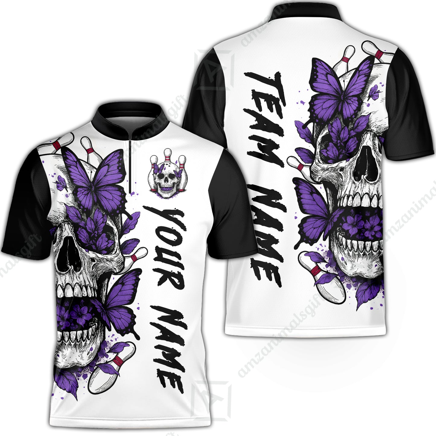 Custom Bowling Jersey Polo Shirt, Skull With Butterfly, Custom Bowling Jersey Team Shirt For Players With Name and Team Name