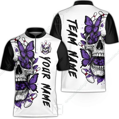 Custom Bowling Jersey Polo Shirt, Skull With Butterfly, Custom Bowling Jersey Team Shirt For Players With Name and Team Name