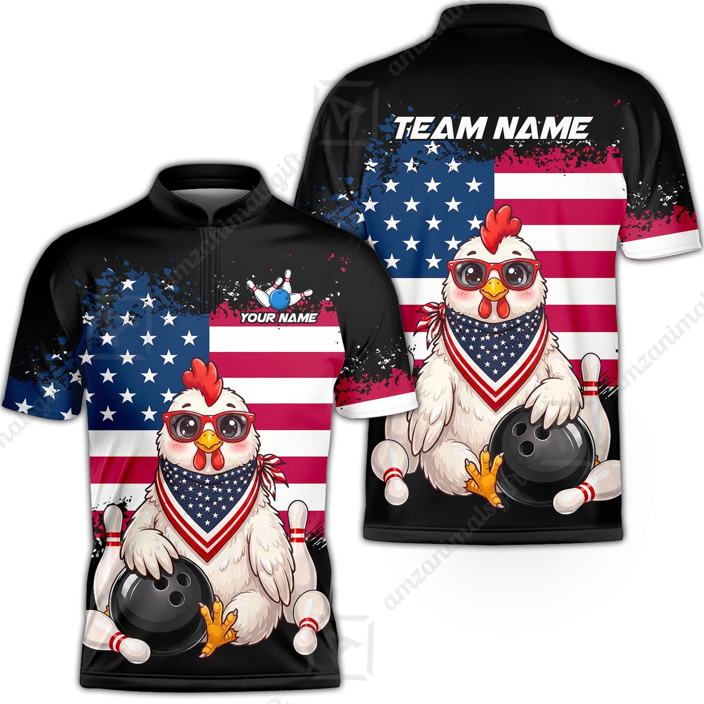 Custom Bowling Jersey Polo Shirt, Animal With Glasses And Bandana America Flag, Personalize Name & Team Name