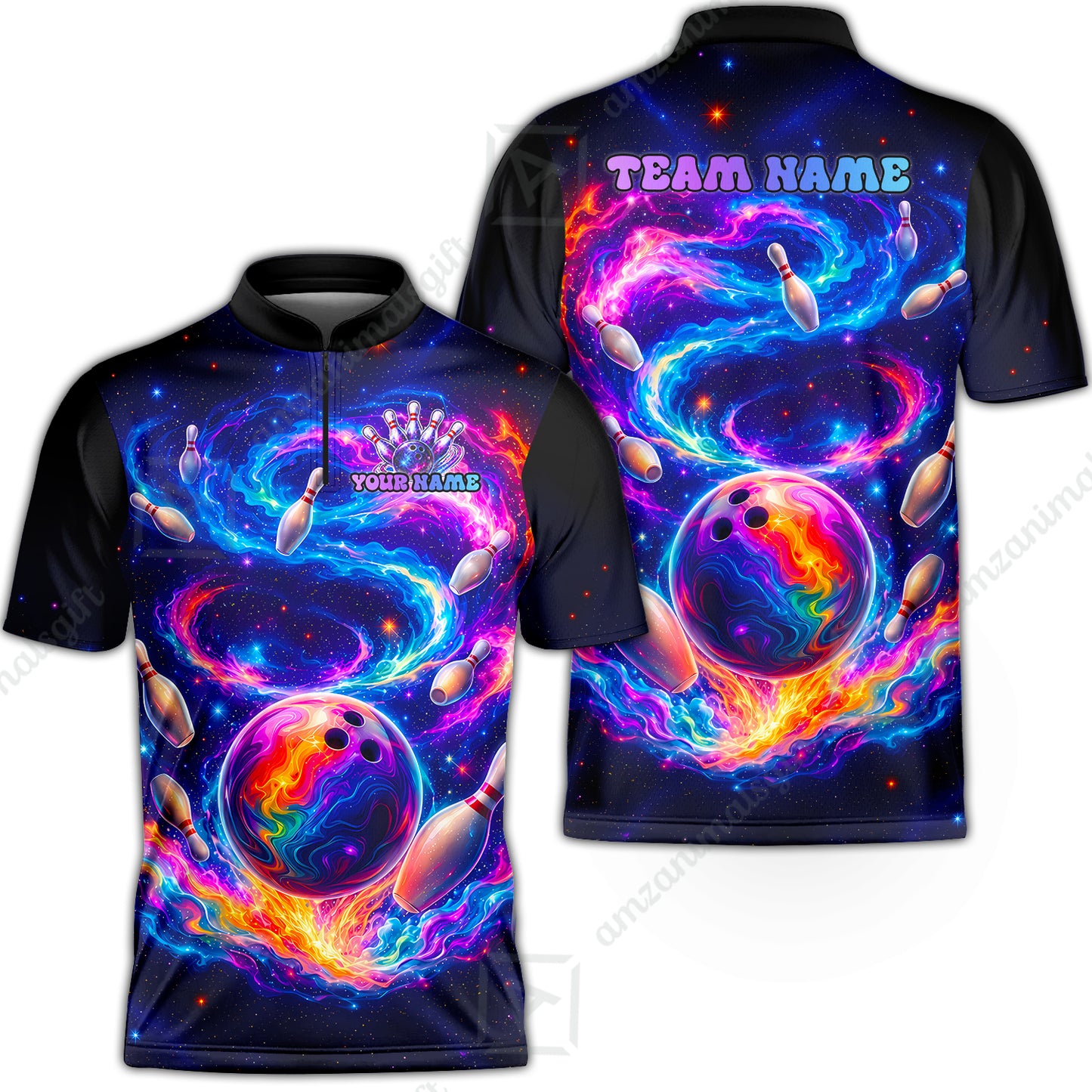 Custom Bowling Jersey Polo Shirt, Galaxy Bowling World, Personalized Name And Team Name