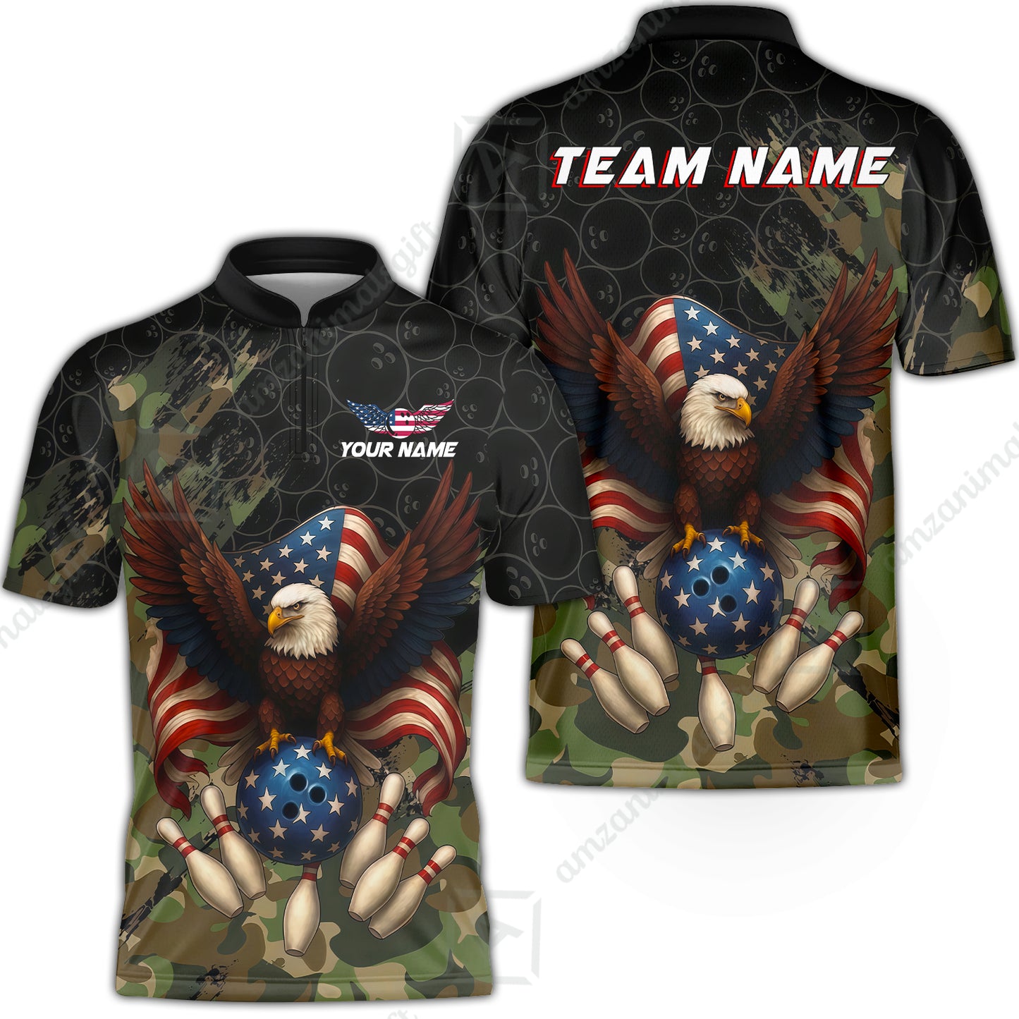 Custom Bowling Jersey Polo Shirt, Forest Camo Patriotic Bowling, Custom Bowling Jersey Team Shirt For Players With Name & Team Name