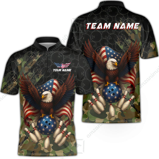 Custom Bowling Jersey Polo Shirt, Forest Camo Patriotic Bowling, Custom Bowling Jersey Team Shirt For Players With Name & Team Name