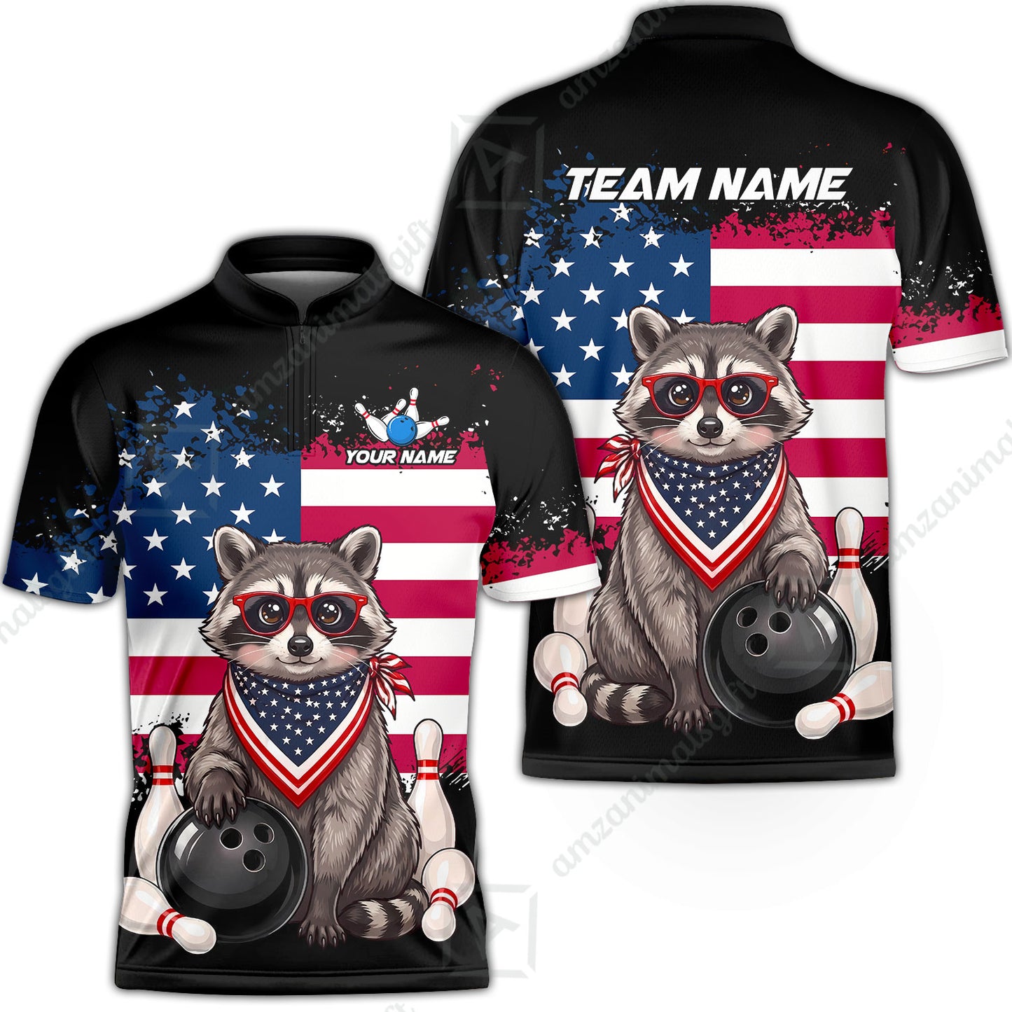 Custom Bowling Jersey Polo Shirt, Animal With Glasses And Bandana America Flag, Personalize Name & Team Name