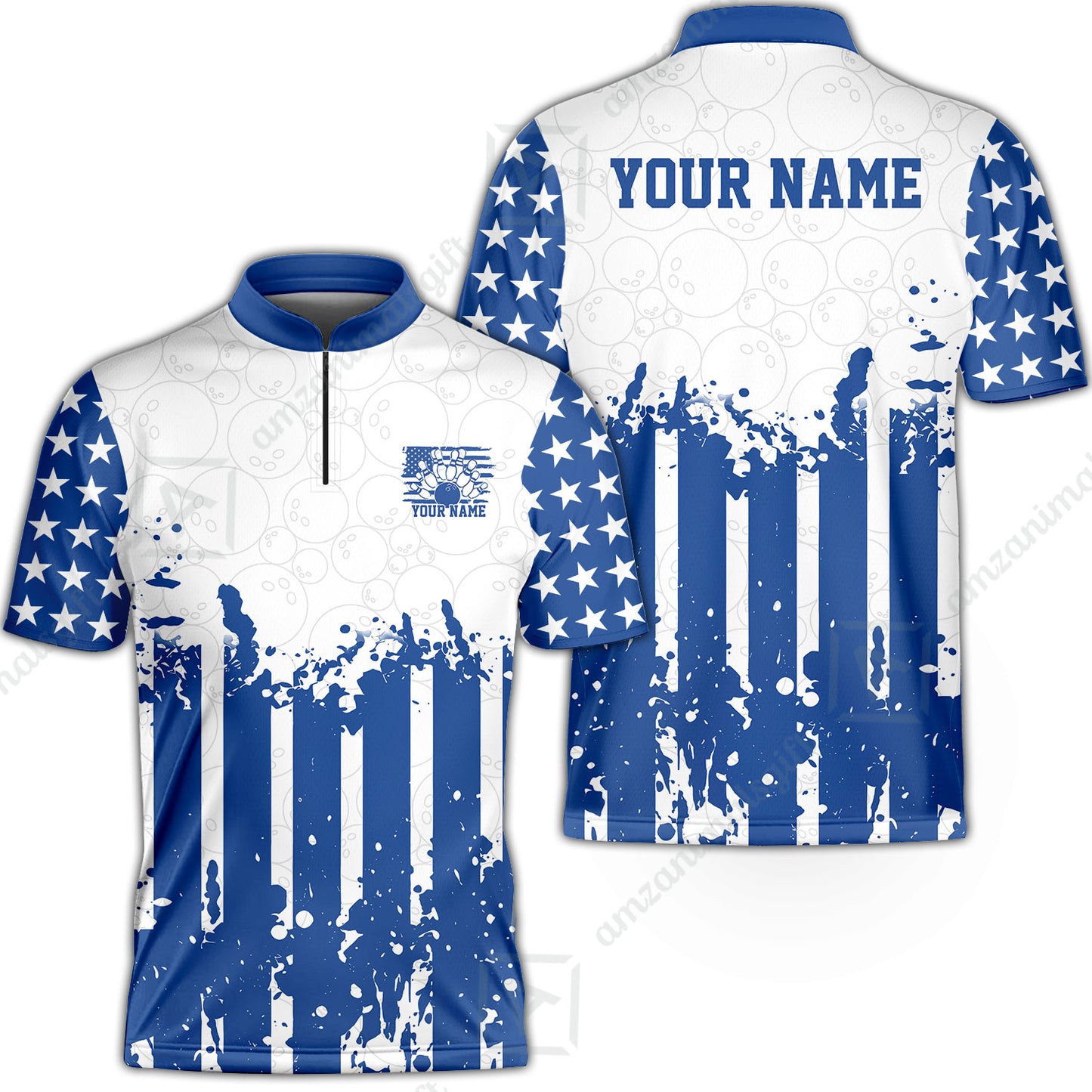 Custom Bowling Jersey Polo Shirt, Distressed Stars and Stripes Grunge, Custom Bowling Jersey Team Shirt For Players With Name and Team Name