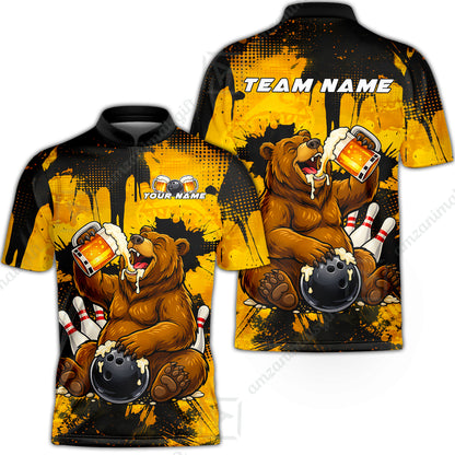 Custom Bowling Jersey Polo Shirt, Grizzly Bear Bowling Custom Bowling Jersey Team Shirt For Players With Name & Team Name