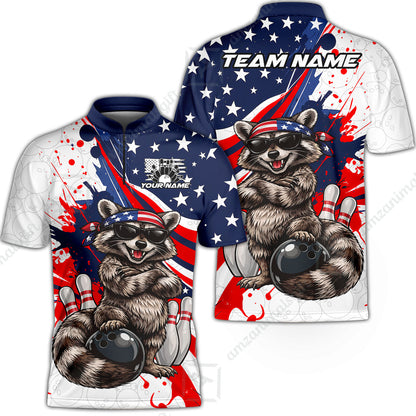 Custom Bowling Jersey Polo Shirt, Patriotic Cool Raccoon Mascot, Custom Bowling Jersey Team Shirt For Players With Name and Team Name