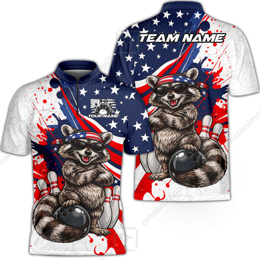 Custom Bowling Jersey Polo Shirt, Patriotic Cool Raccoon Mascot, Custom Bowling Jersey Team Shirt For Players With Name and Team Name