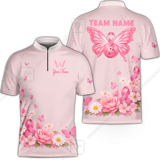 Custom Bowling Jersey Polo Shirt, Pink Butterfly Bowling, Custom Bowling Jersey Team Shirt For Players With Name & Team Name