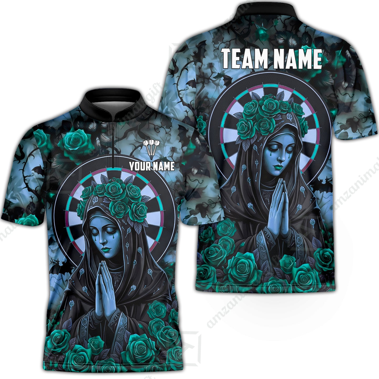 Custom Darts Jersey Polo Shirt, Gothic Madonna And Blue Rose, Custom Dart Jersey Team Shirt For Players With Name & Team Name