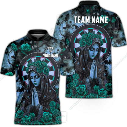 Custom Darts Jersey Polo Shirt, Gothic Madonna And Blue Rose, Custom Dart Jersey Team Shirt For Players With Name & Team Name