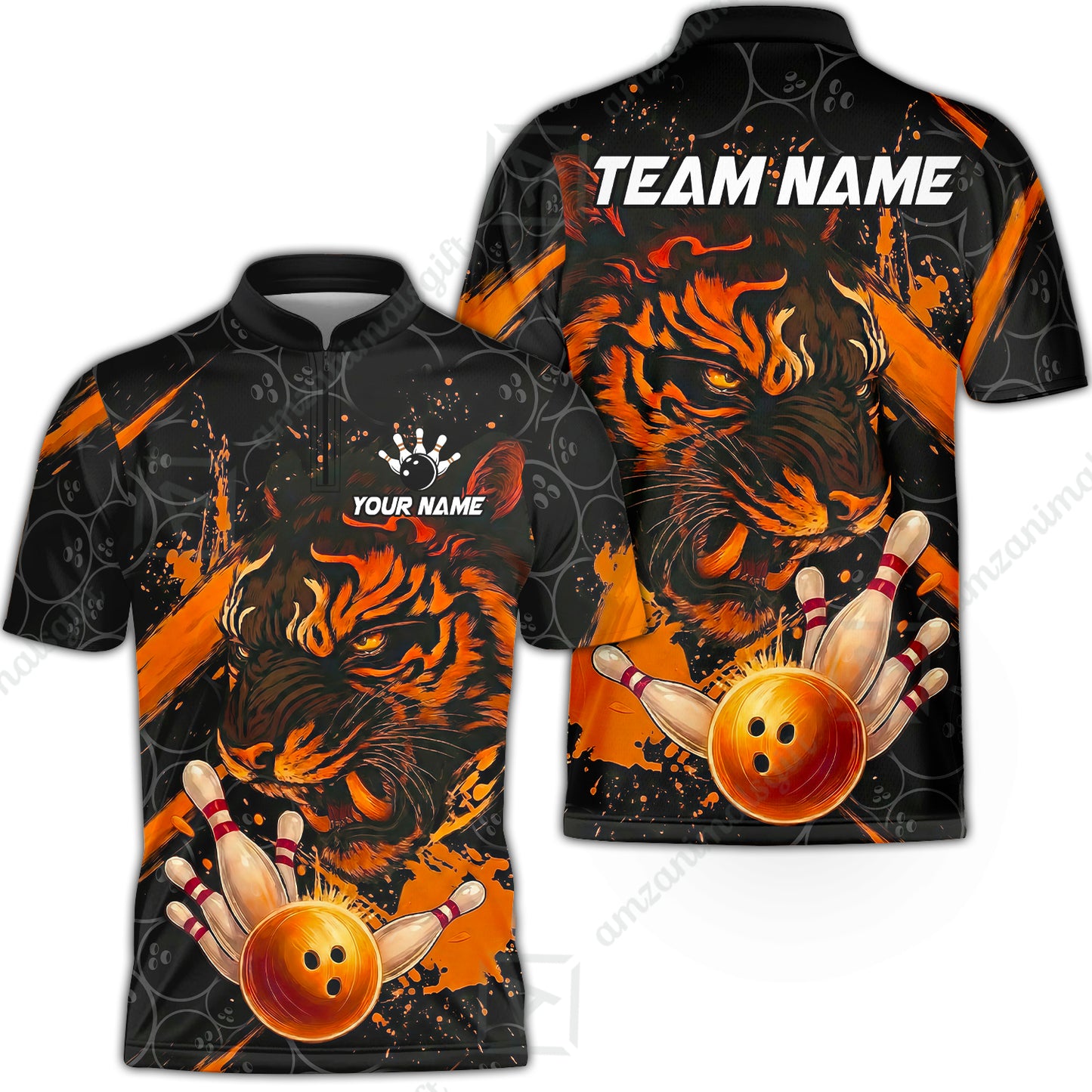Customized Bowling Unisex Polo Shirt, Tiger Ball Striking Pins, Bowling Uniforms, Personalized Name And Team Name