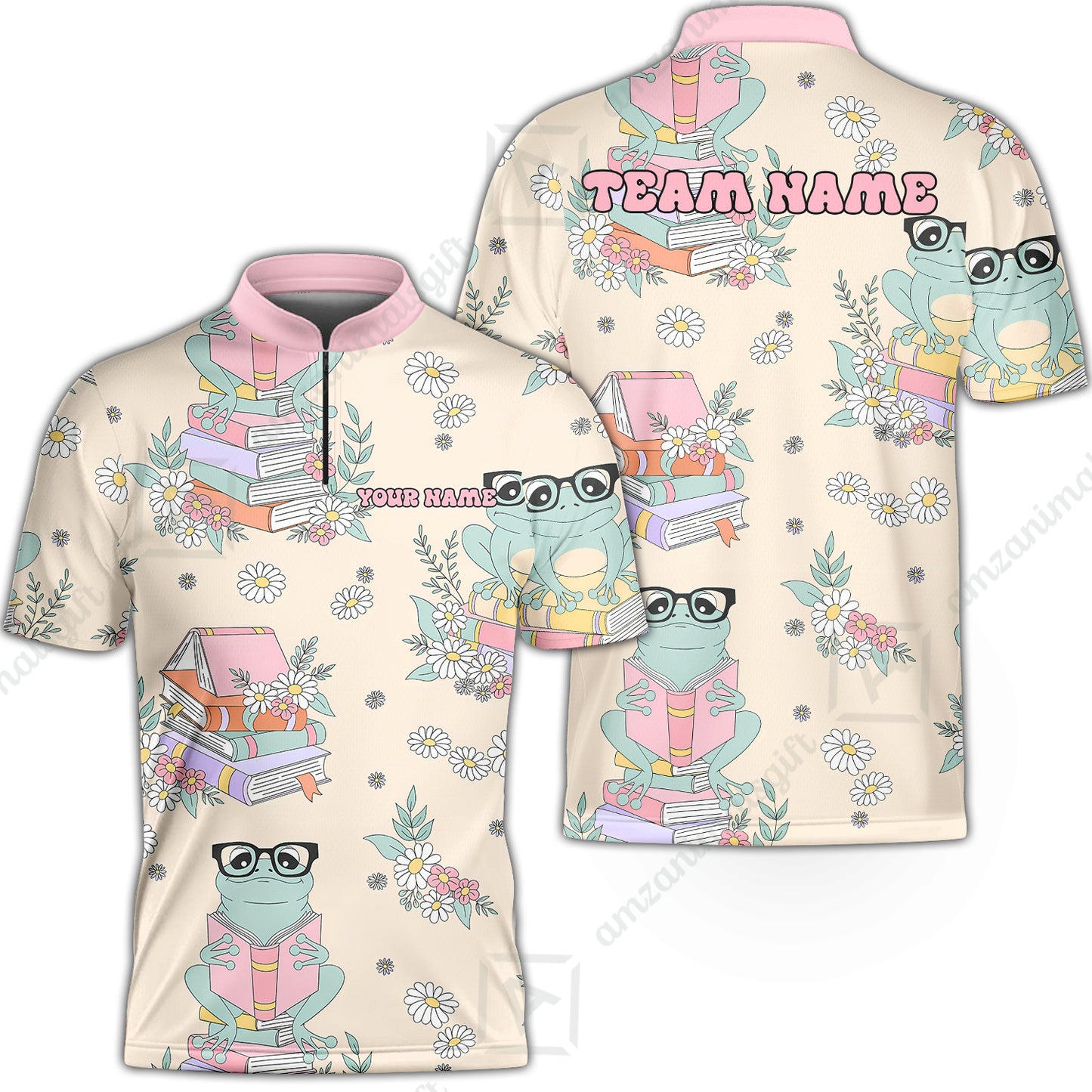 Custom Bowling Jersey Polo Shirt, Bookworm Frog, Personalized Name And Team Name