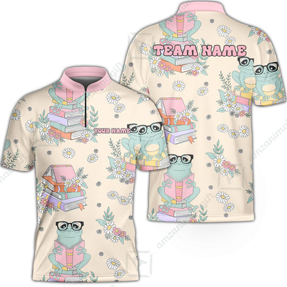 Custom Bowling Jersey Polo Shirt, Bookworm Frog, Personalized Name And Team Name