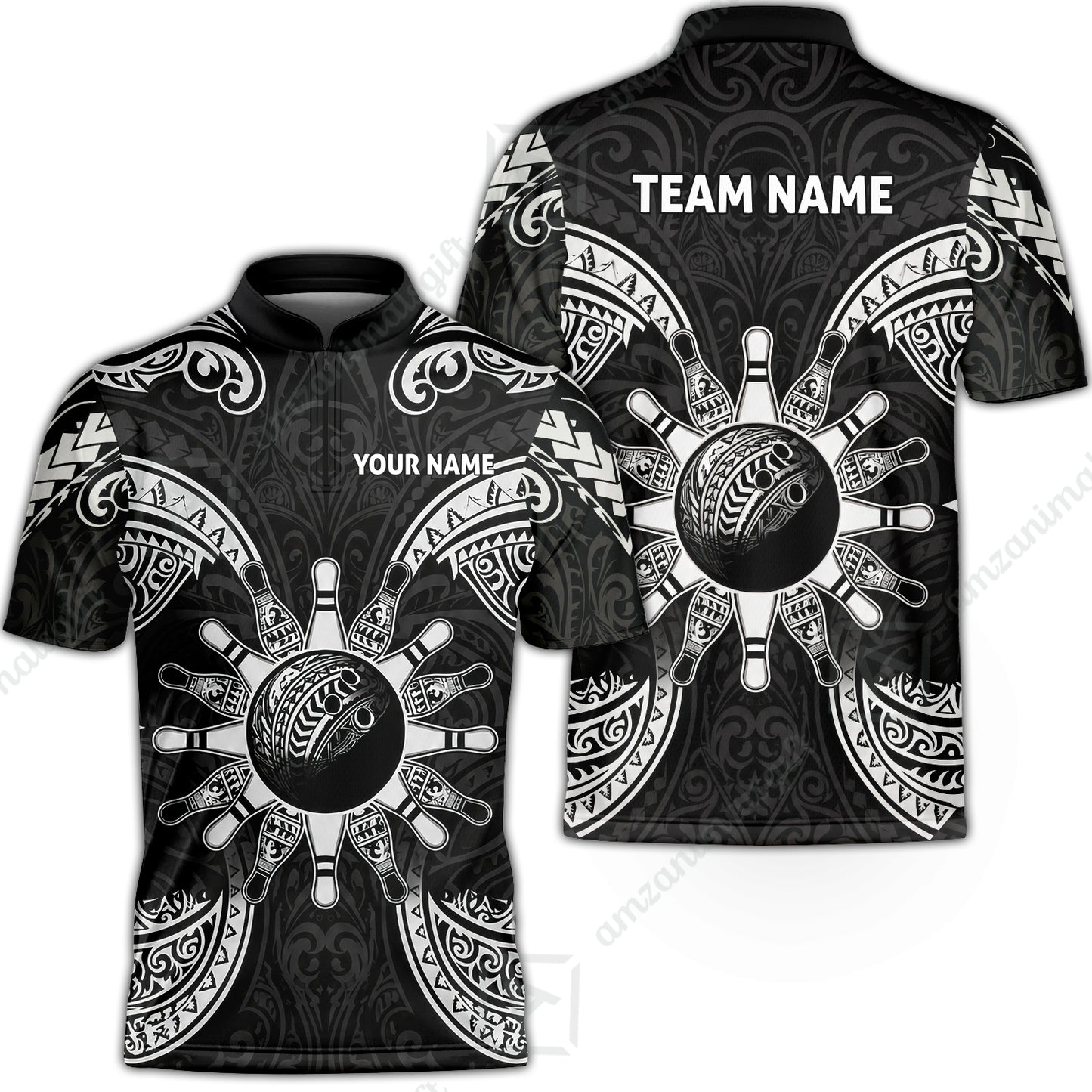 Custom Bowling Jersey Polo Shirt, Symmetric Polynesian Tribal Art Bowling, Custom Bowling Jersey Team Shirt For Players With Name and Team Name
