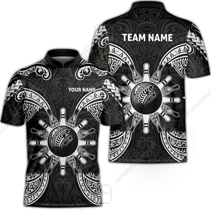 Custom Bowling Jersey Polo Shirt, Symmetric Polynesian Tribal Art Bowling, Custom Bowling Jersey Team Shirt For Players With Name and Team Name