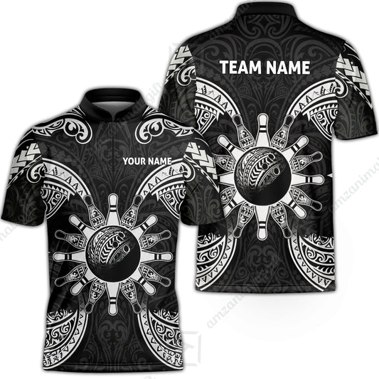 Custom Bowling Jersey Polo Shirt, Symmetric Polynesian Tribal Art Bowling, Custom Bowling Jersey Team Shirt For Players With Name and Team Name
