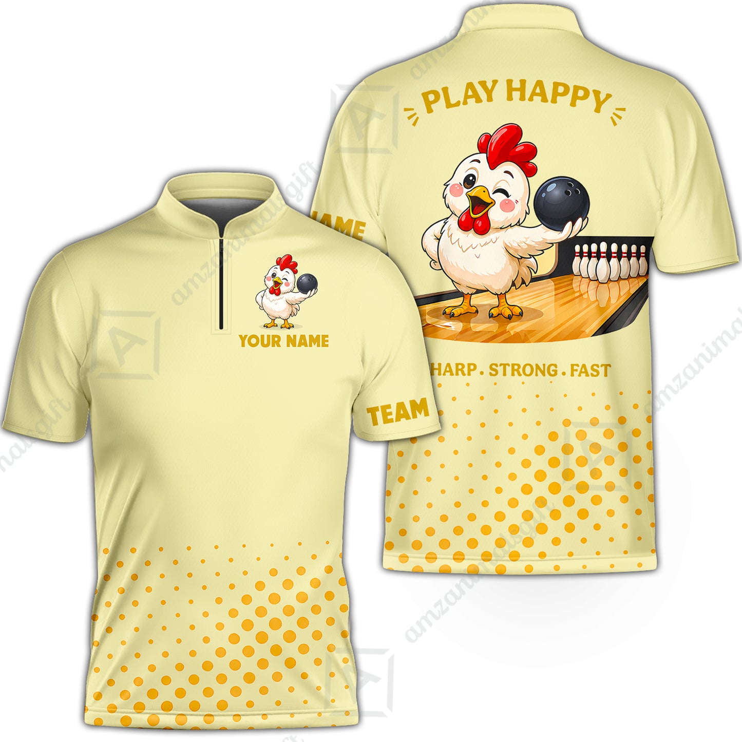 Custom Bowling Jersey Polo Shirt, Happy Rooster, Custom Bowling Jersey Team Shirt For Players With Name and Team Name