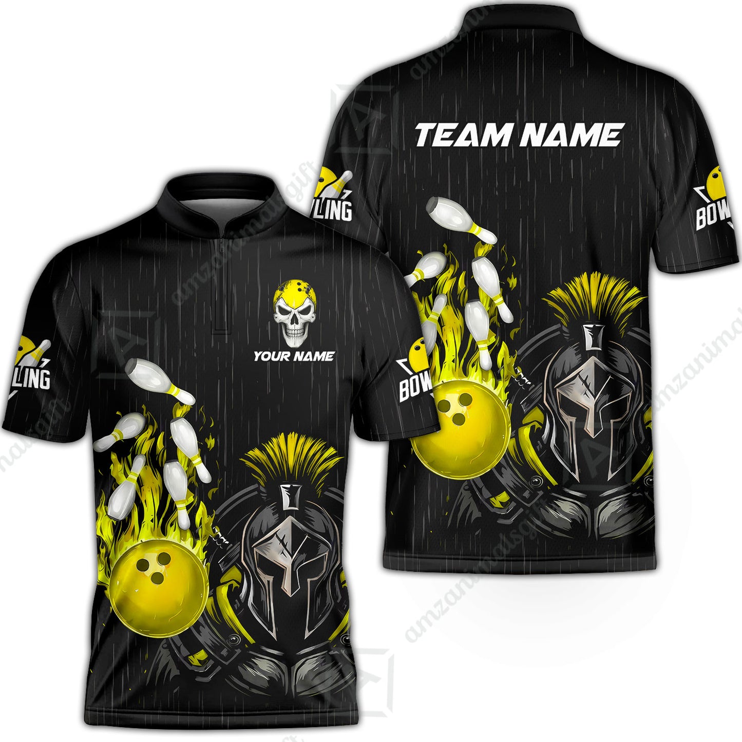 Custom Bowling Jersey Polo Shirt, Fire Bowling Knight Rain Skull Logo, Personalize Name & Team Name