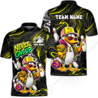 Custom Bowling Jersey Polo Shirt, Duck Never Give Up, Custom Bowling Jersey Team Shirt For Players With Name & Team Name