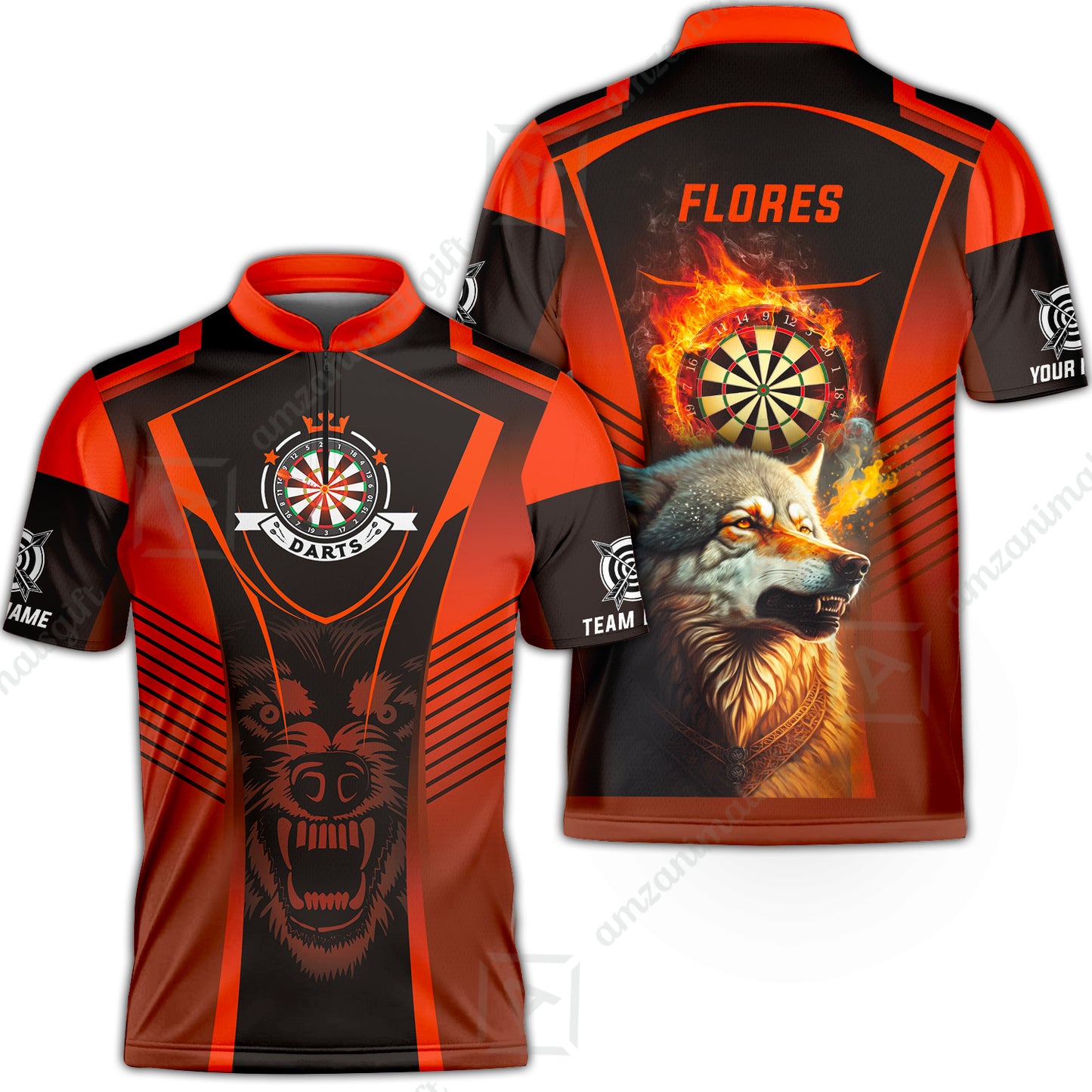 Custom Name Darts Men Polo Shirt, Orange Wolf Dartboard Personalized Polo Shirts, Gift For Men, Darts Lovers, Darts Players