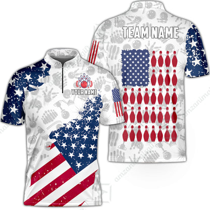Custom Bowling Jersey Polo Shirt, Americana Patriotic Distressed Flag, Custom Bowling Jersey Team Shirt For Players With Name and Team Name