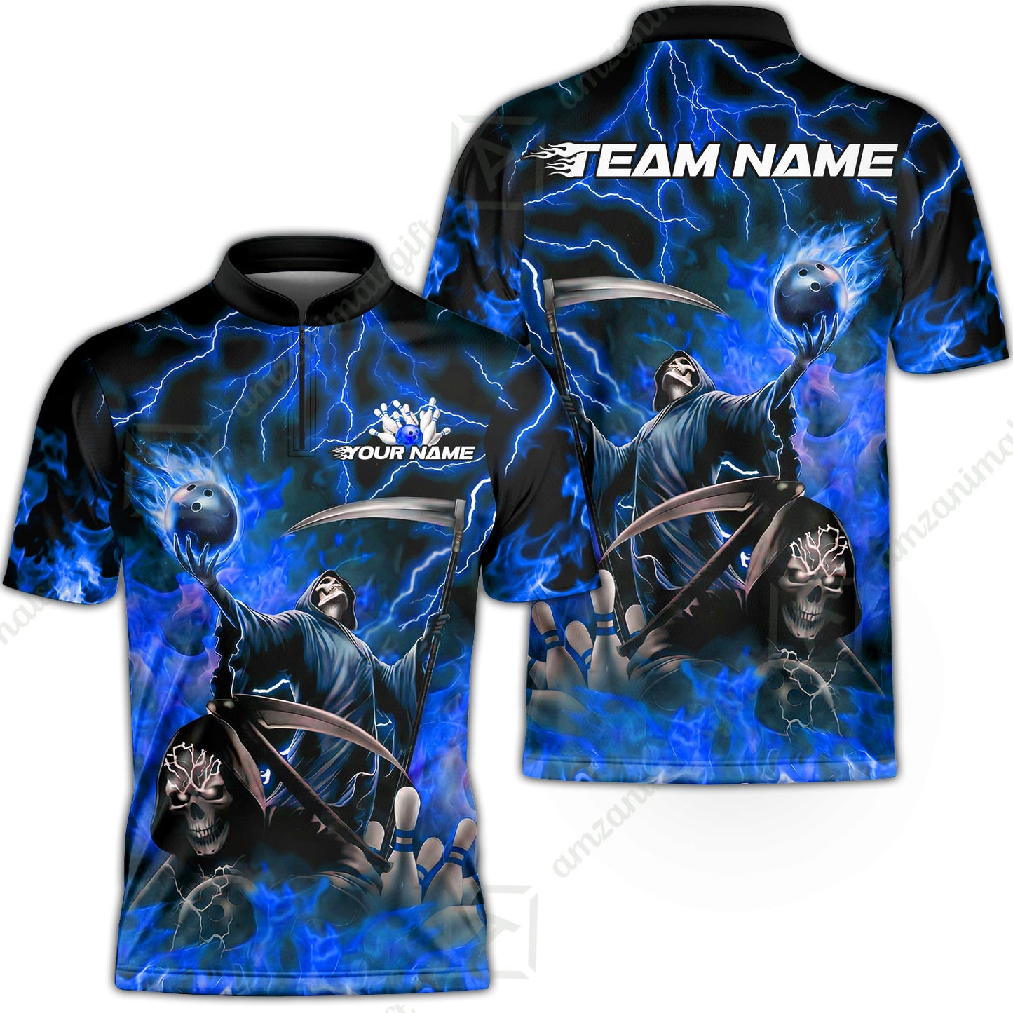 Custom Bowling Team Quarter-Zip Polo Shirt, Grim Reaper Skull With Flame Bowling Lightning Design for Bowlers, Personalized Shirt with Name and Team Name