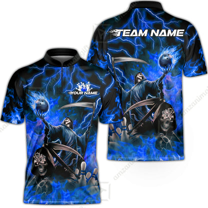 Custom Bowling Team Quarter-Zip Polo Shirt, Grim Reaper Skull With Flame Bowling Lightning Design for Bowlers, Personalized Shirt with Name and Team Name