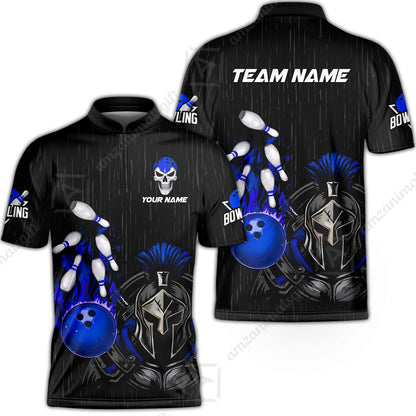 Custom Bowling Jersey Polo Shirt, Fire Bowling Knight Rain Skull Logo, Personalize Name & Team Name