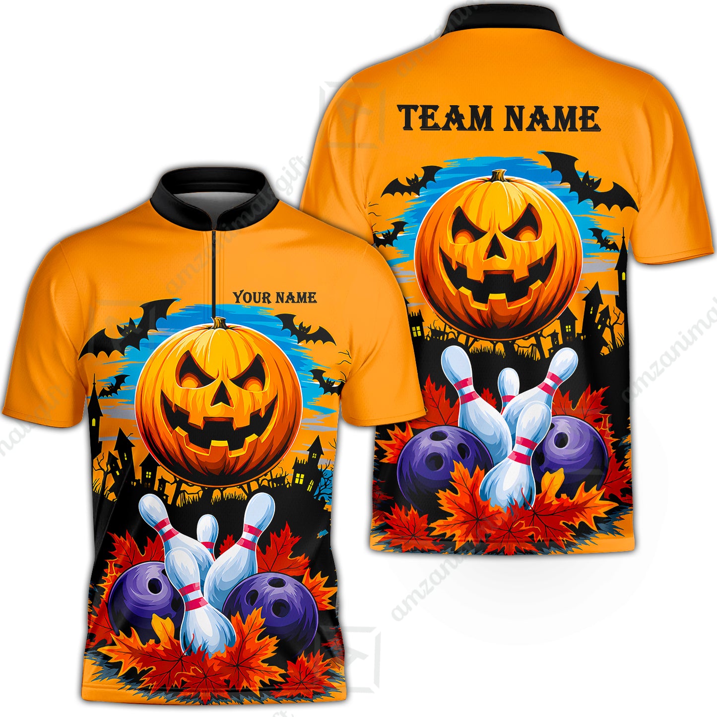 Custom Bowling Jersey Polo Shirt, Halloween Pumpkin Bowling, Personalize Name and Team Name