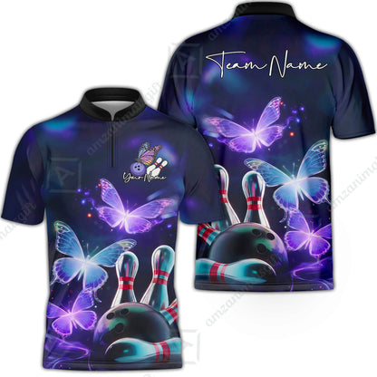 Custom Bowling Jersey Polo Shirt, Neon Butterfly Bowling, Custom Bowling Jersey Team Shirt For Players With Name & Team Name