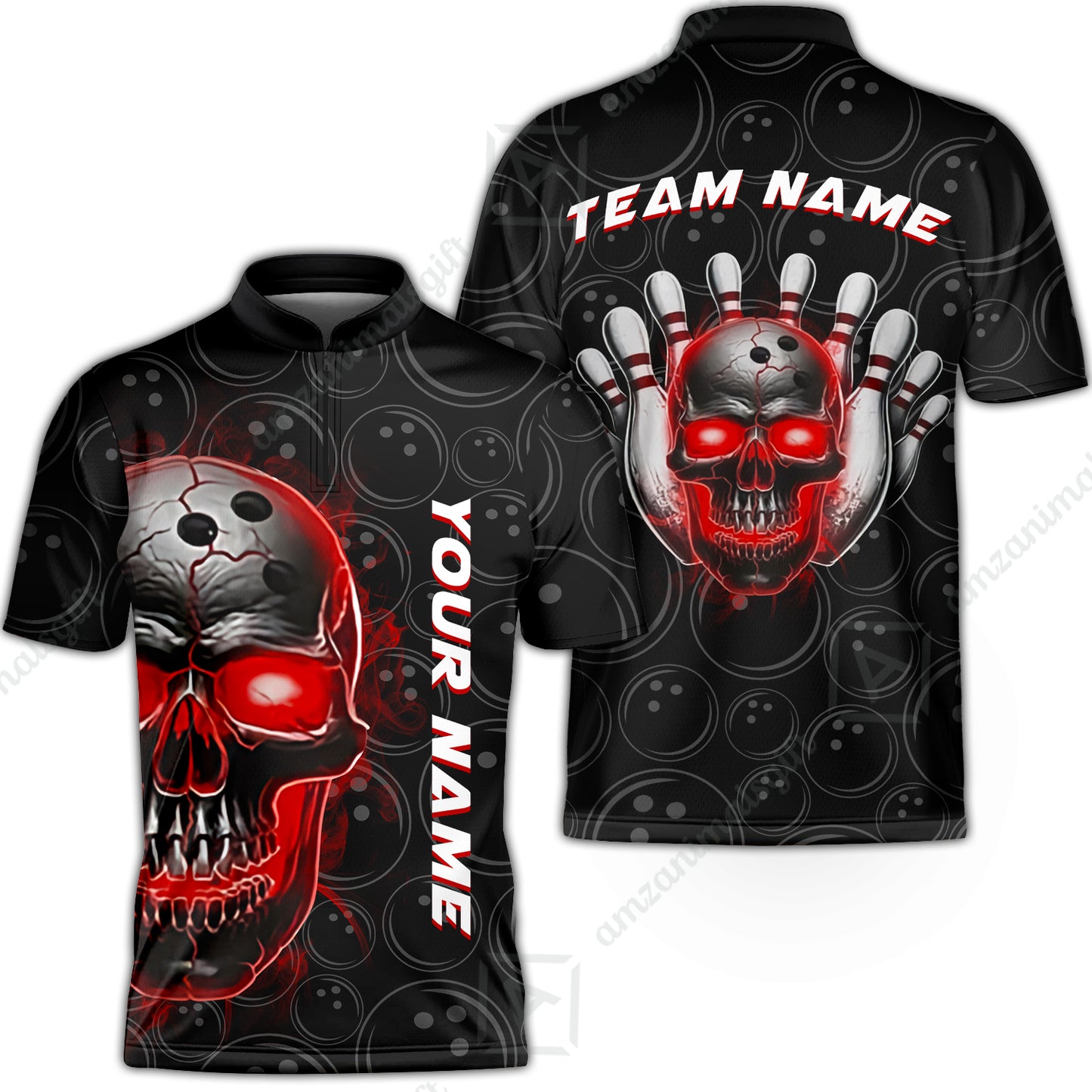 Customized Bowling Team Jersey Skull Flaming In Bowling Pattern Personalized Name Team Name Quarter-Zip Jerseys For Bowlers
