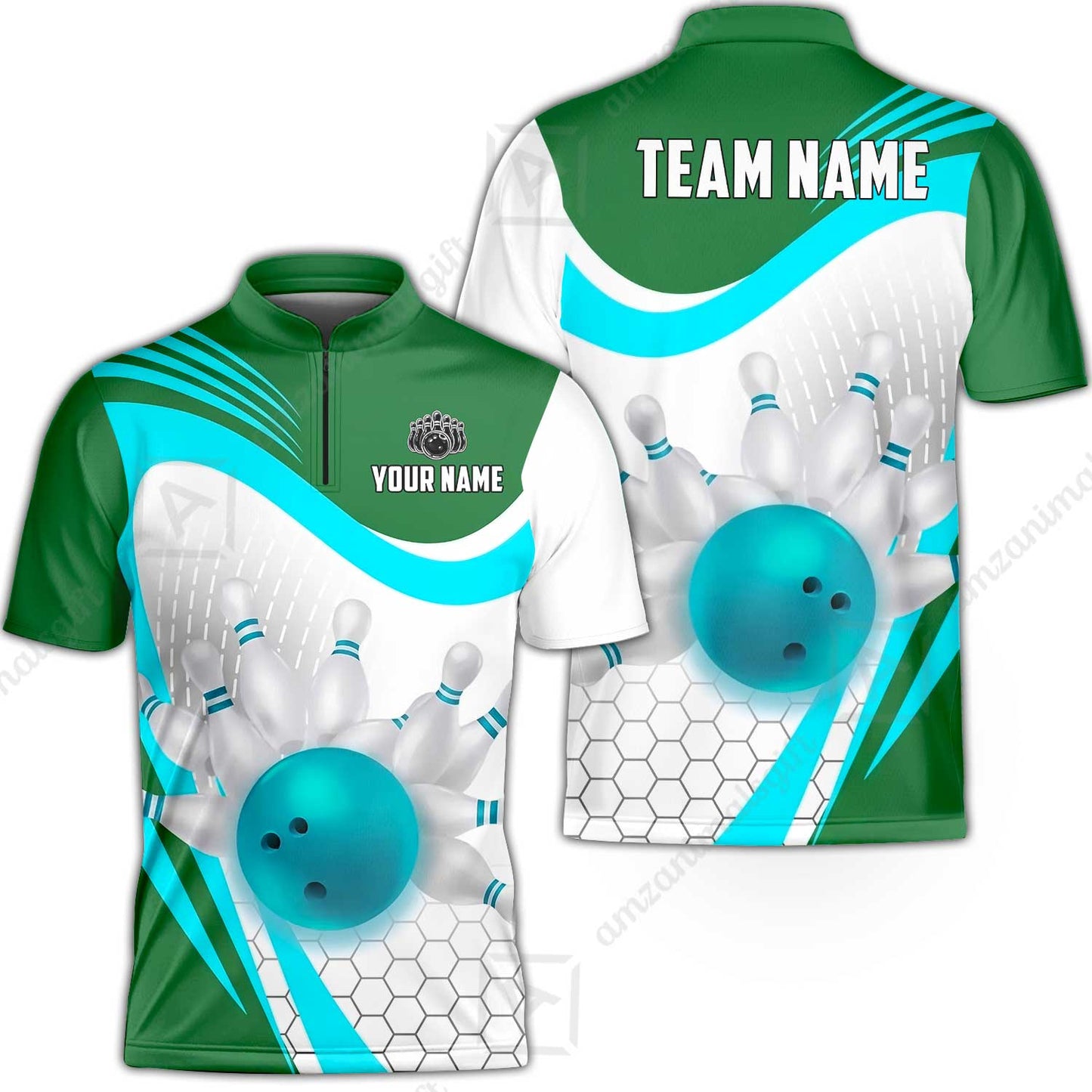 Custom Bowling Jersey Polo Shirt, Geometric Streamline & Fresh Mint, Custom Bowling Jersey Team Shirt For Players With Name & Team Name