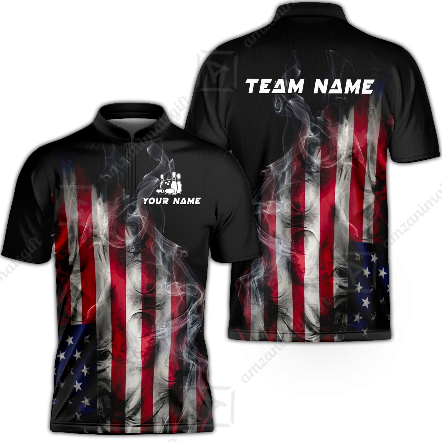 Custom Bowling Jersey Polo Shirt, Smoke USA Flag Bowling, Custom Bowling Jersey Team Shirt For Players With Name & Team Name