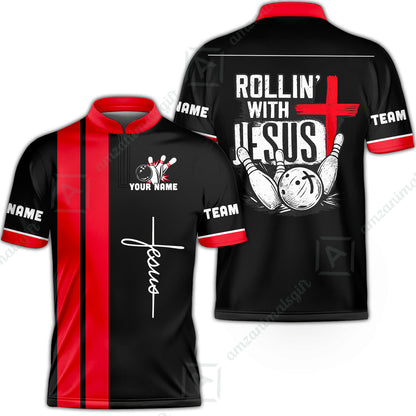 Custom Bowling Jersey Polo Shirt, Rollin With Jesus Bowling Custom Bowling Jersey Team Shirt For Players With Name & Team Name