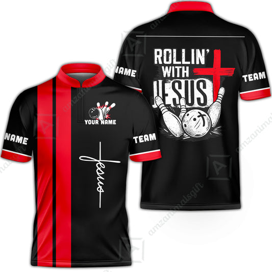Custom Bowling Jersey Polo Shirt, Rollin With Jesus Bowling Custom Bowling Jersey Team Shirt For Players With Name & Team Name