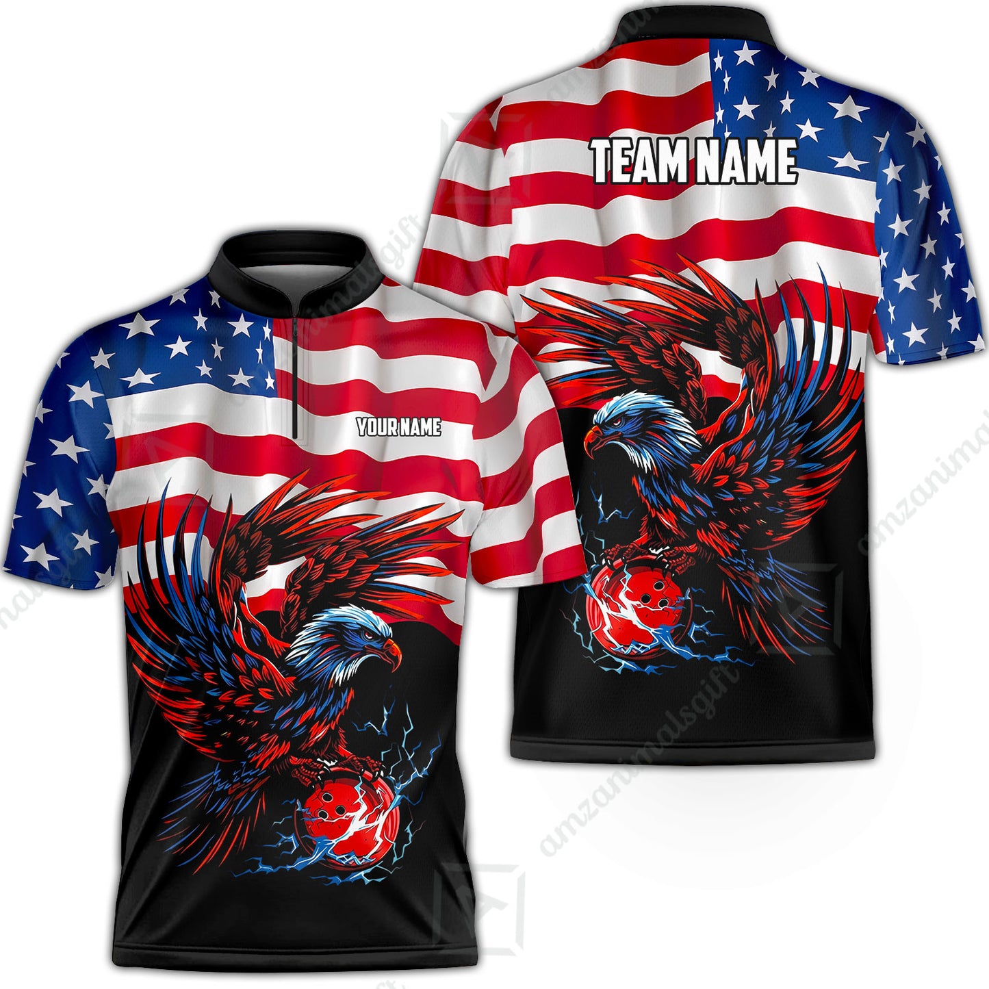 Custom Bowling Jersey Polo Shirt, Eagle America Flag Bowling Thunder, Custom Bowling Jersey Team Shirt For Players With Name and Team Name